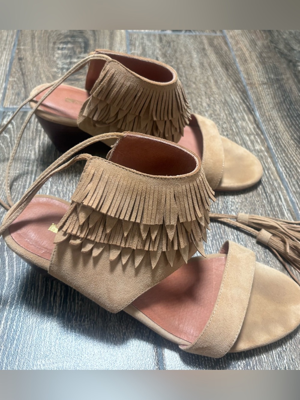Matiko Tan Suede Fringe Wedge Sandals